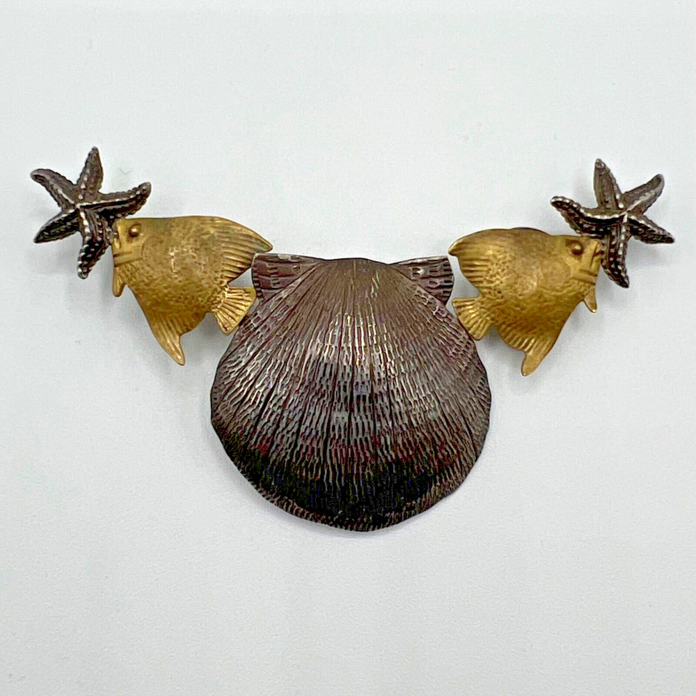 KBN Sterling Silver & Brass Shell Fish Starfish Pendant - Signed Courtny